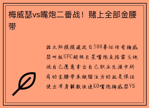 梅威瑟vs嘴炮二番战!赌上全部金腰带